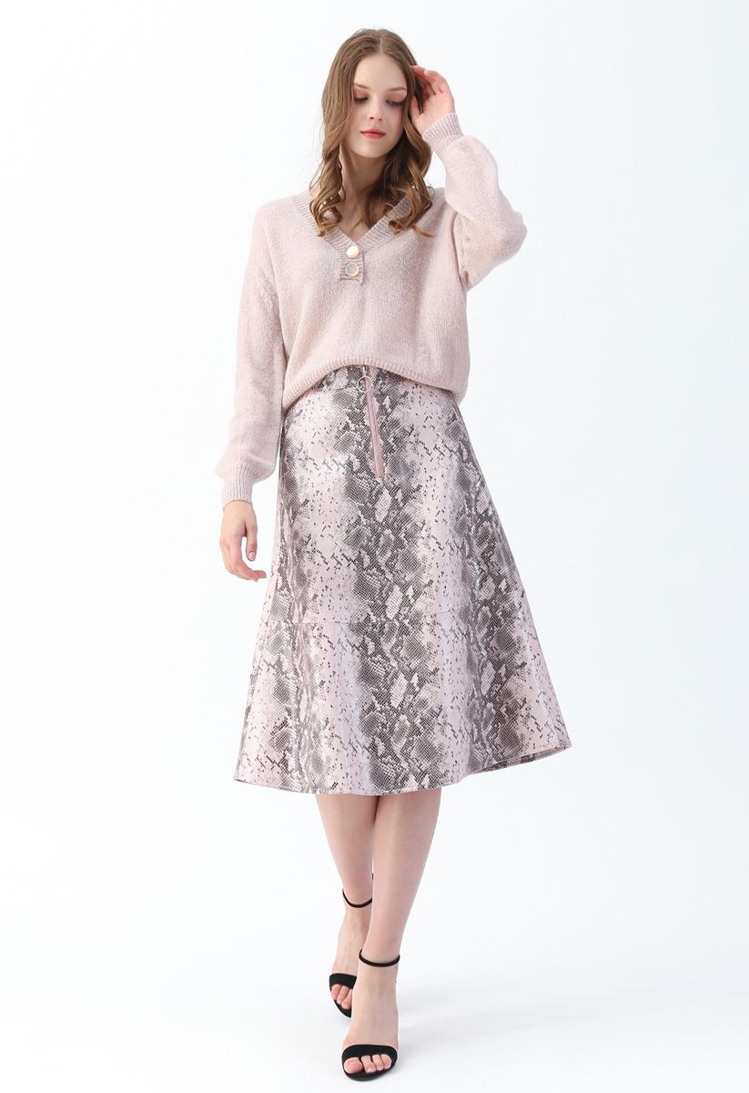 Snake Printed Faux Leather Midi Skirt in Pink