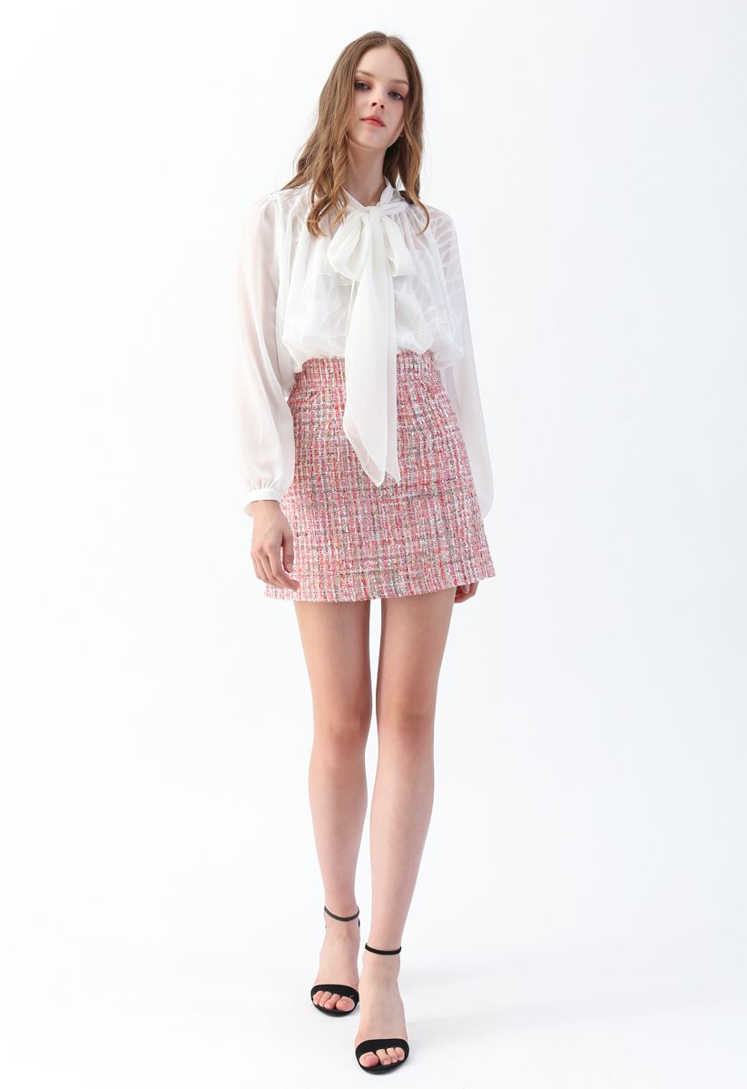 Sequins Tweed Bud Mini Skirt in Pink - Retro, Indie and Unique Fashion