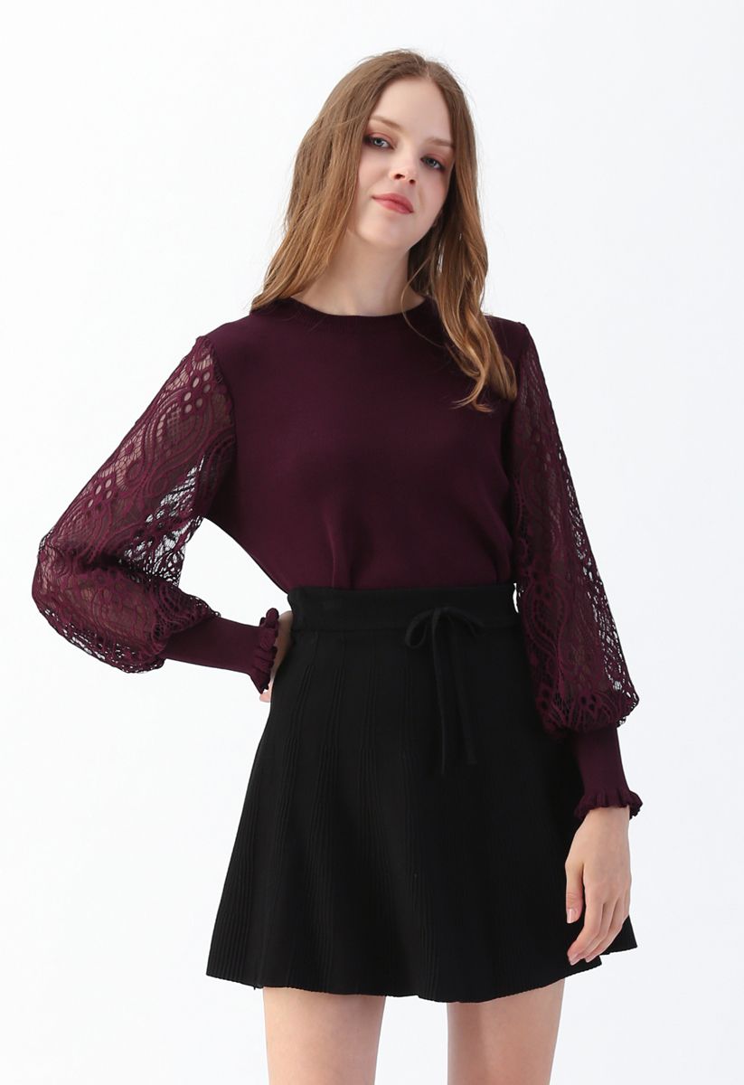 Delicacy Lacy Sleeves Knit Sweater in Wine - Retro, Indie and Unique ...