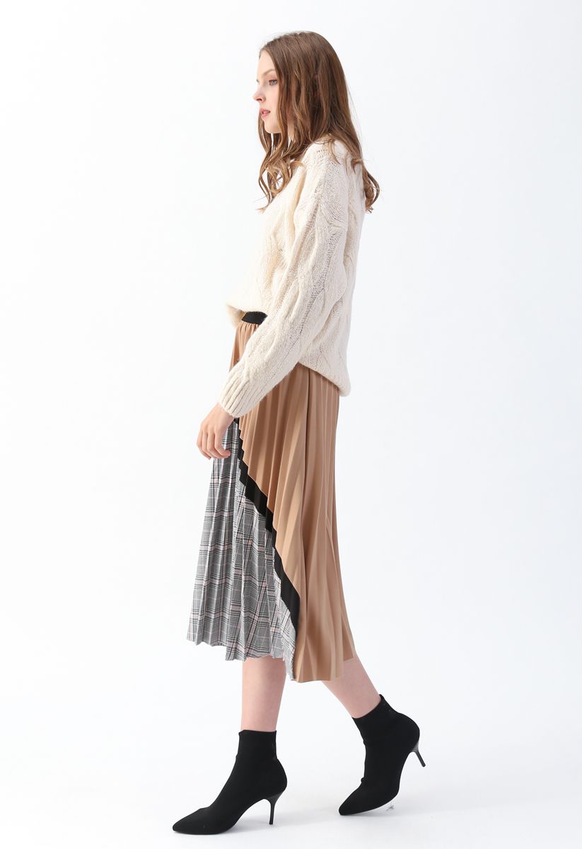 Plaid Splicing Pleated Midi Skirt in Tan