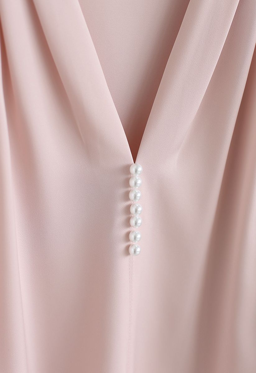 Pearls Trim Satin V-Neck Top in Pink