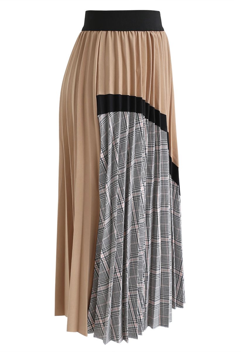 Plaid Splicing Pleated Midi Skirt in Tan - Retro, Indie and Unique Fashion