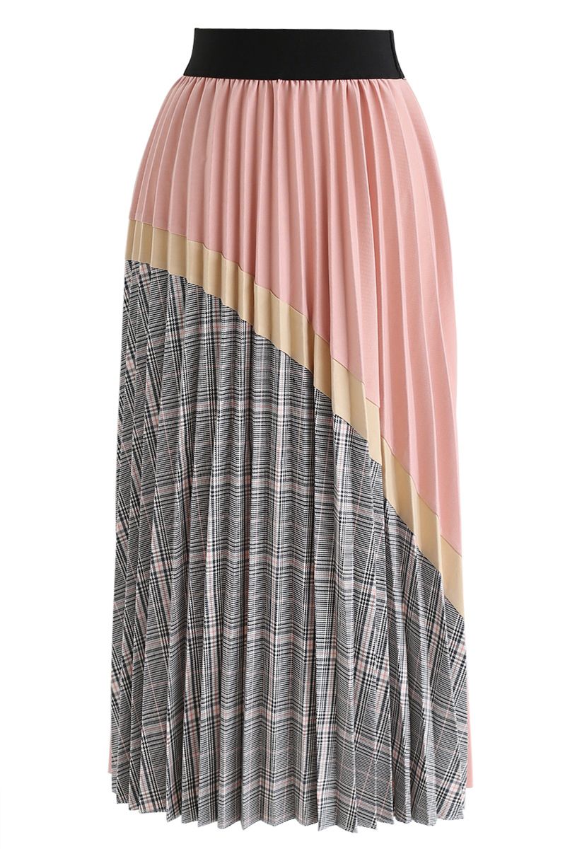 Plaid Splicing Pleated Midi Skirt in Pink