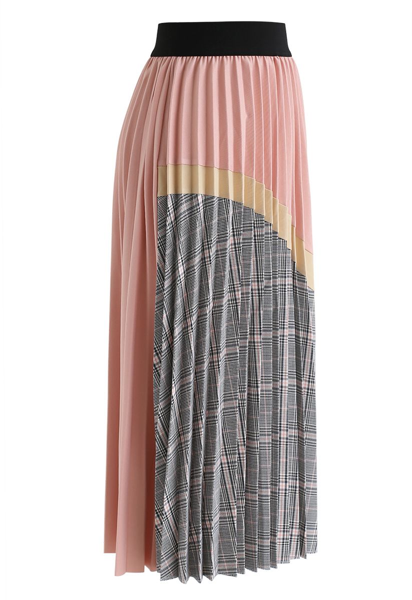 Plaid Splicing Pleated Midi Skirt in Pink