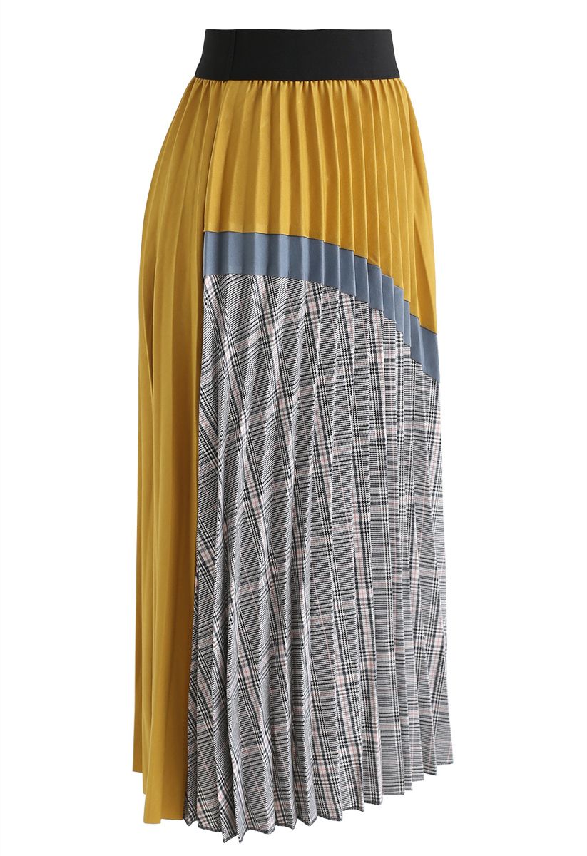 Plaid Splicing Pleated Midi Skirt in Mustard