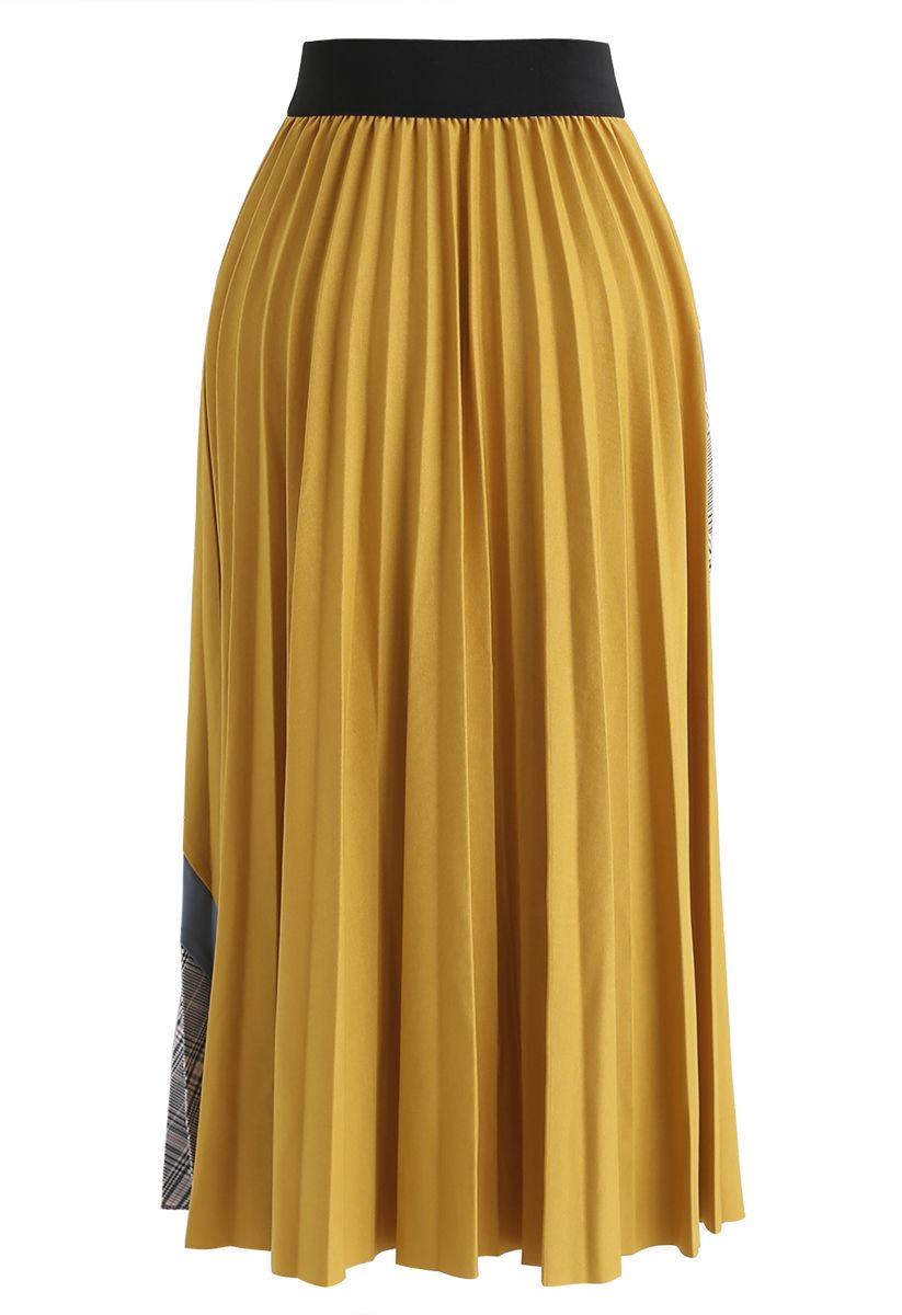 Plaid Splicing Pleated Midi Skirt in Mustard