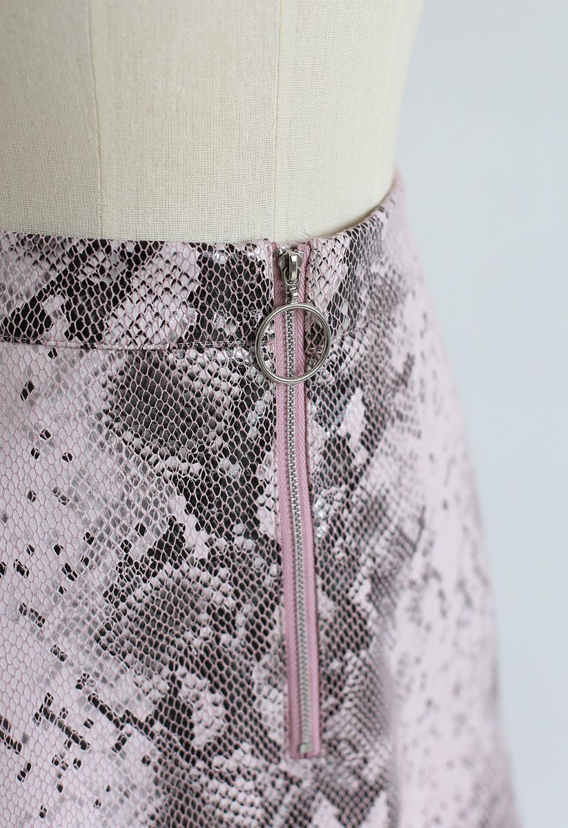 Snake Printed Faux Leather Midi Skirt in Pink - Retro, Indie and Unique ...