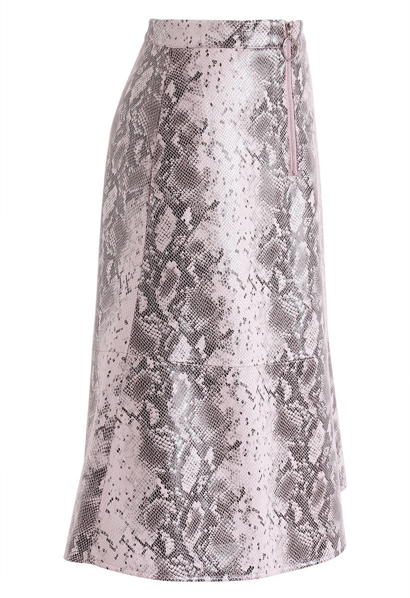 Snake Printed Faux Leather Midi Skirt in Pink - Retro, Indie and Unique ...
