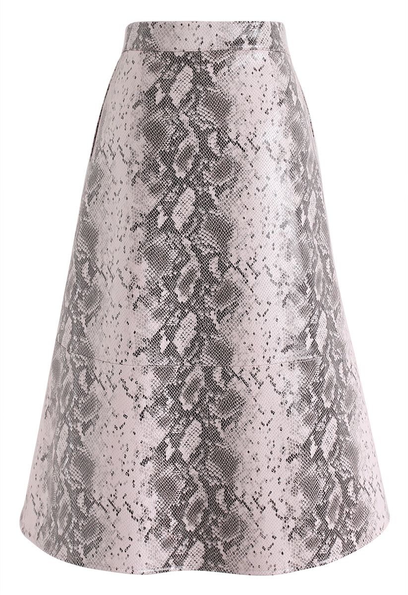Snake Printed Faux Leather Midi Skirt in Pink