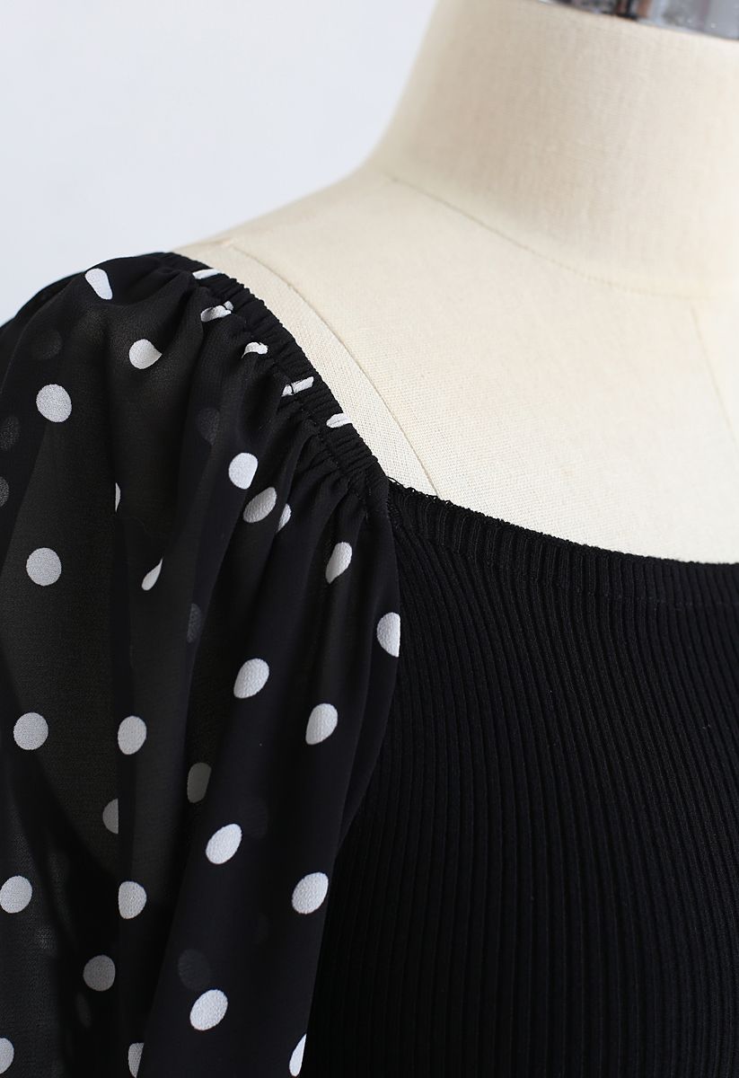 Polka Dots Bubble-Sleeve Knit Top in Black