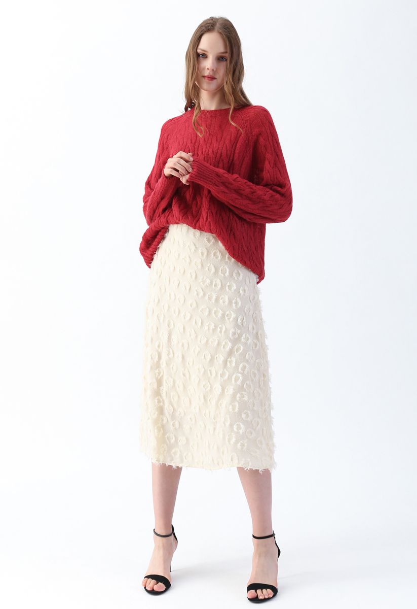 Tassel Trim Midi Skirt in Cream