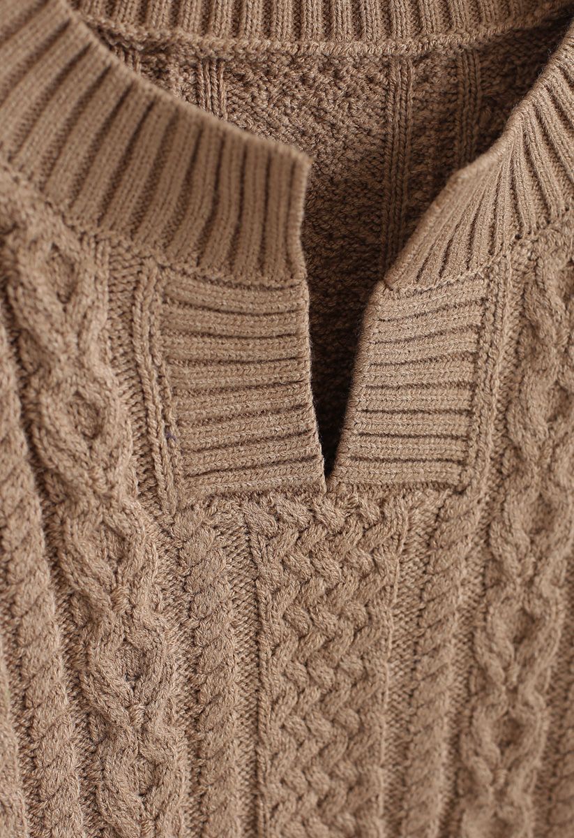 V-Shape Cutout Cable Knit Sweater in Tan