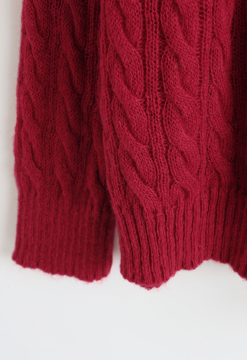 Round Neck Cable Knit Fluffy Sweater in Red