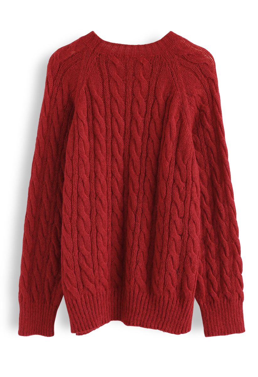 Round Neck Cable Knit Fluffy Sweater in Red