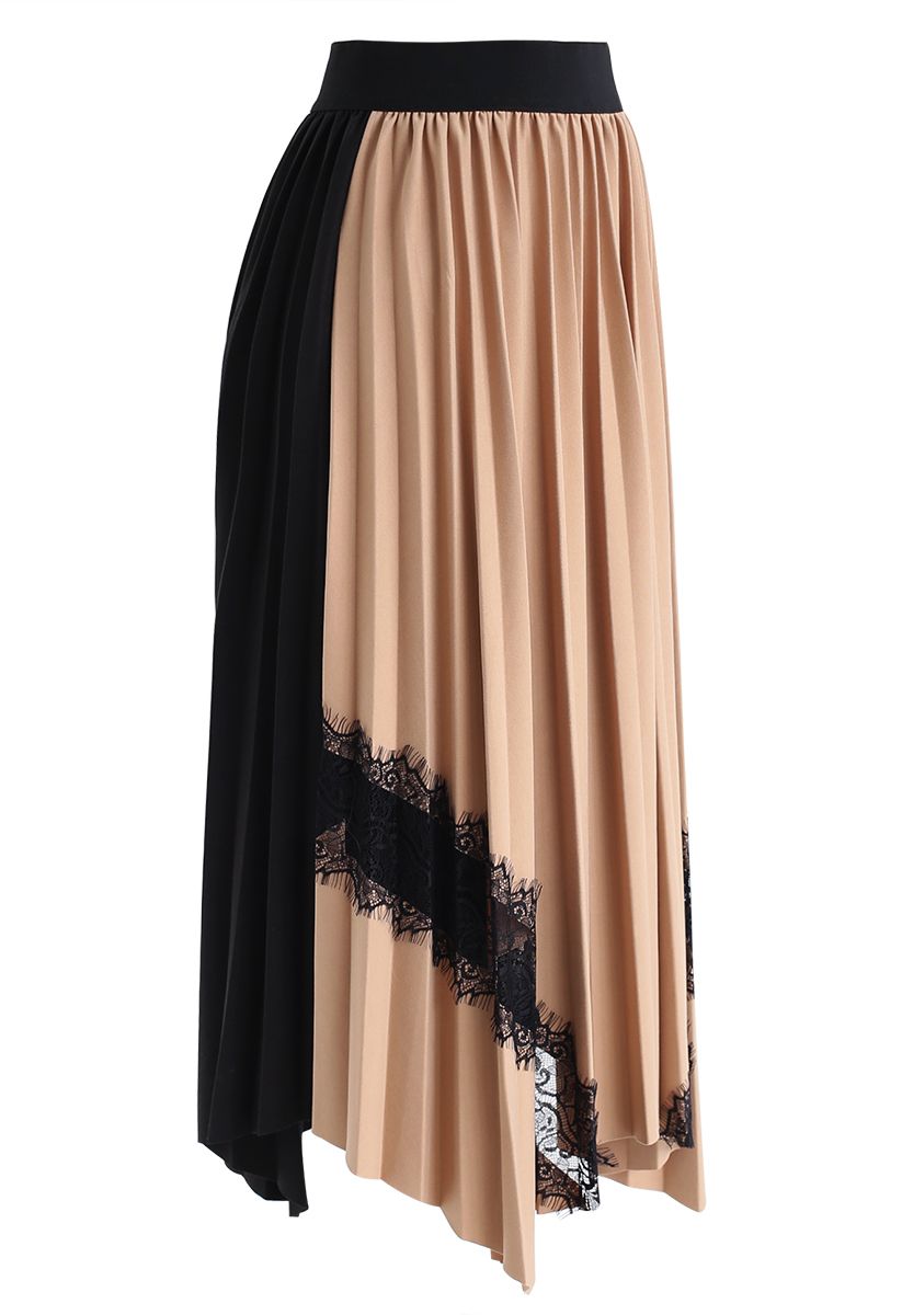 Lace Trims Asymmetric Pleated Midi Skirt in Tan