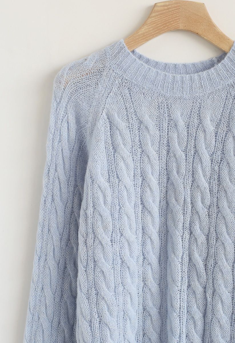 Round Neck Cable Knit Fluffy Sweater in Baby Blue - Retro, Indie and ...