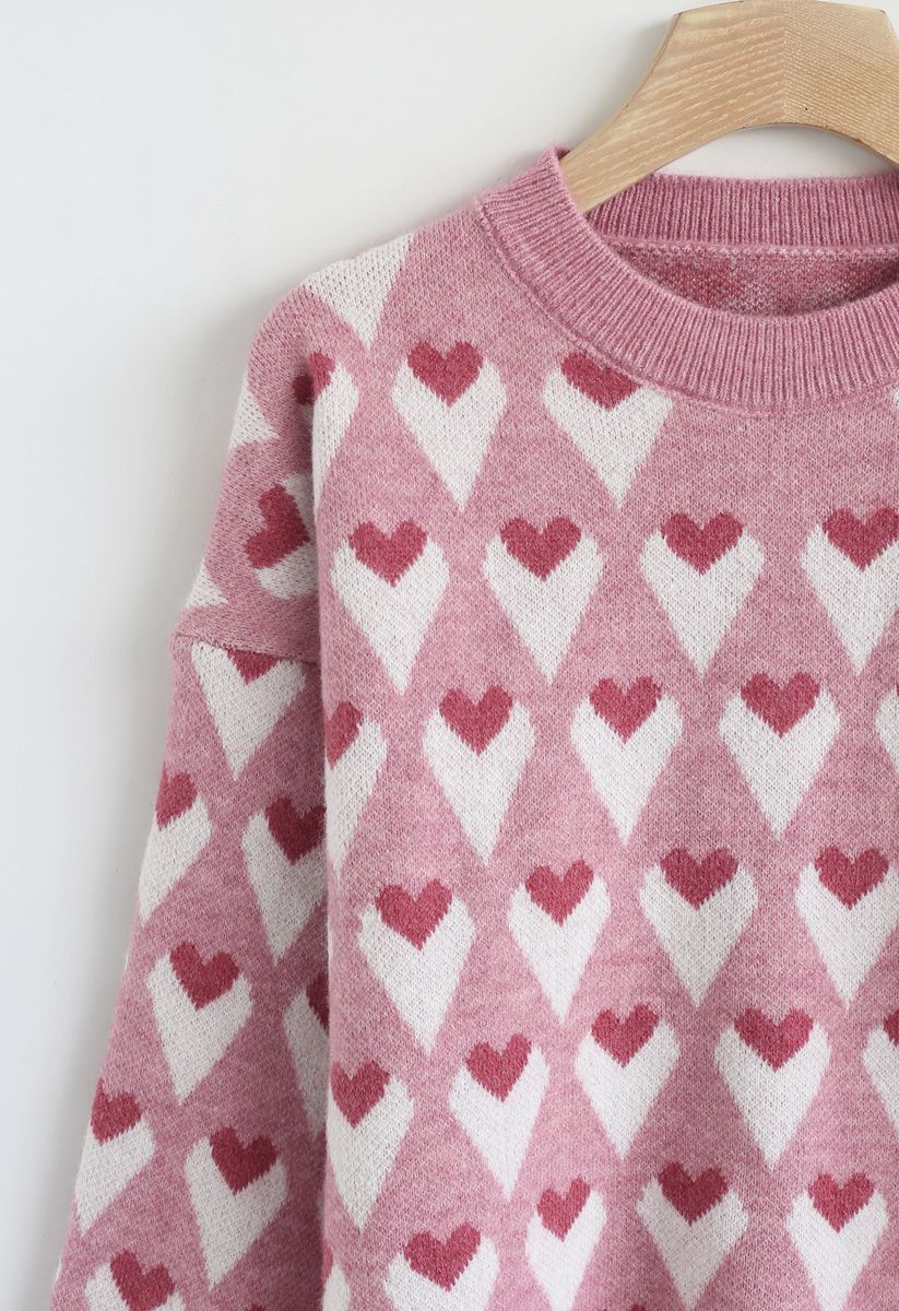 Heart Print Round Neck Sweater in Pink