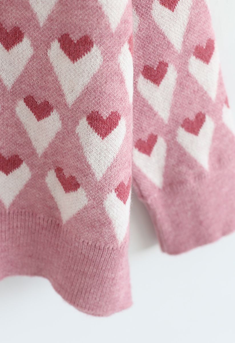 Heart Print Round Neck Sweater in Pink