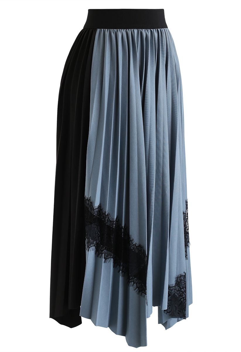 Lace Trims Asymmetric Pleated Midi Skirt in Dusty Blue 