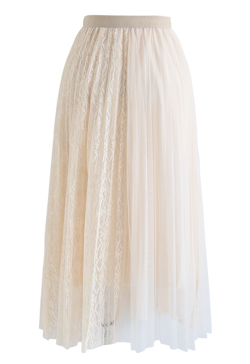 Lace Splicing Tulle Mesh Skirt in Cream