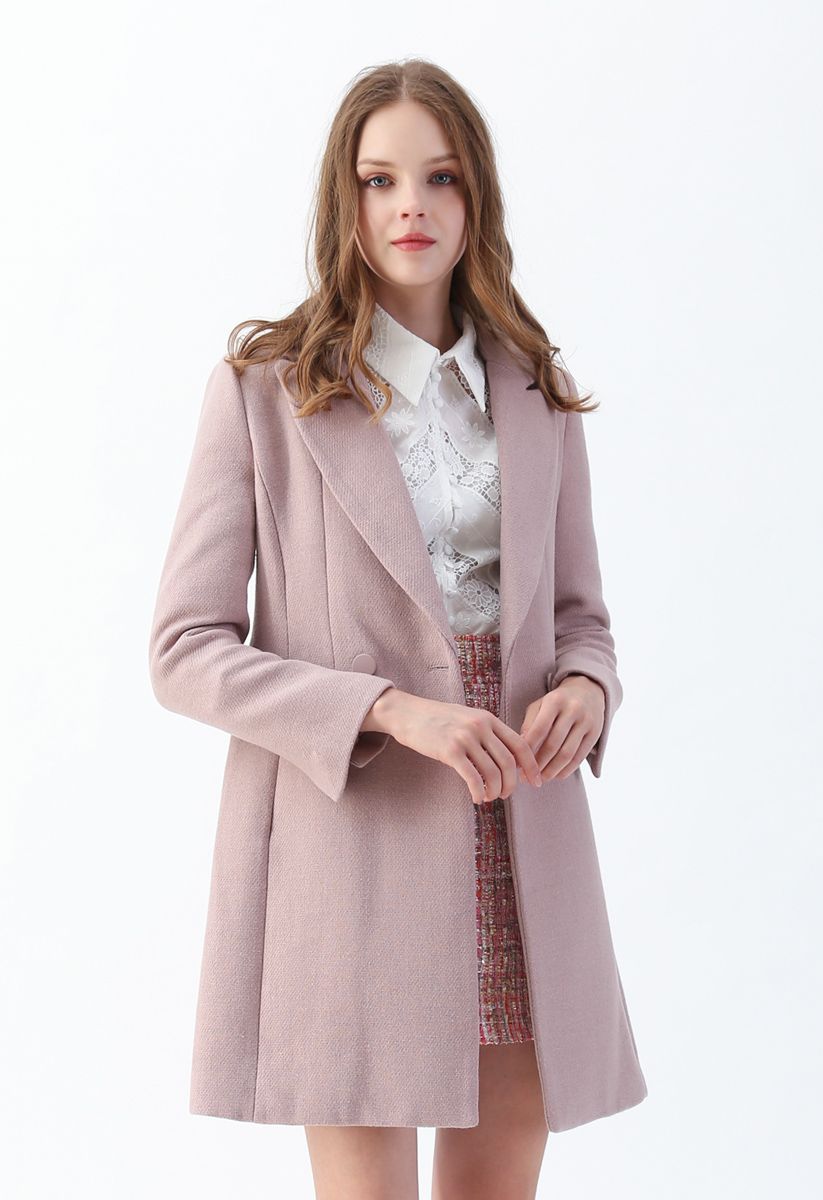 Front Pockets Wool-Blended Longline Blazer in Pink - Retro, Indie and ...