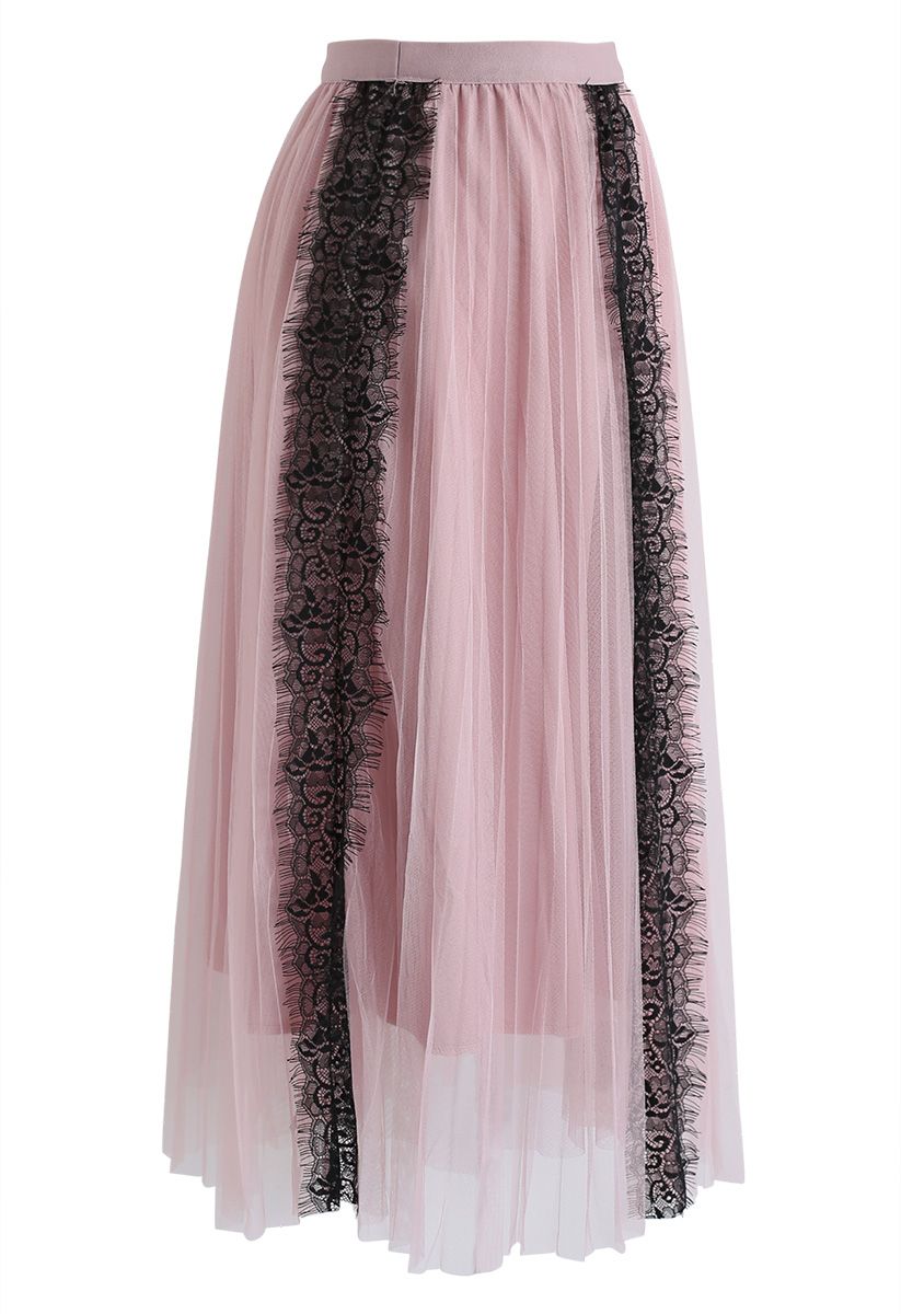 Lace Trim Mesh Tulle Midi Skirt in Pink - Retro, Indie and Unique Fashion