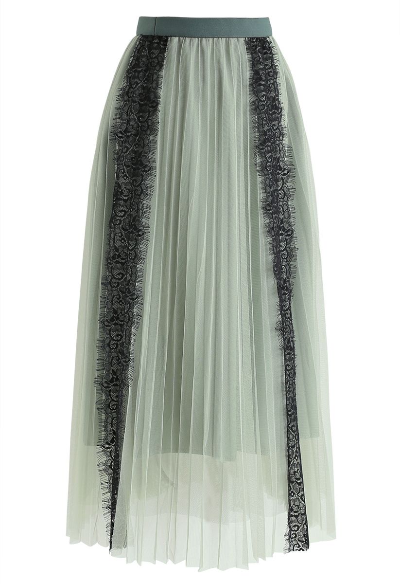 Lace Trim Mesh Tulle Midi Skirt in Mint - Retro, Indie and Unique Fashion
