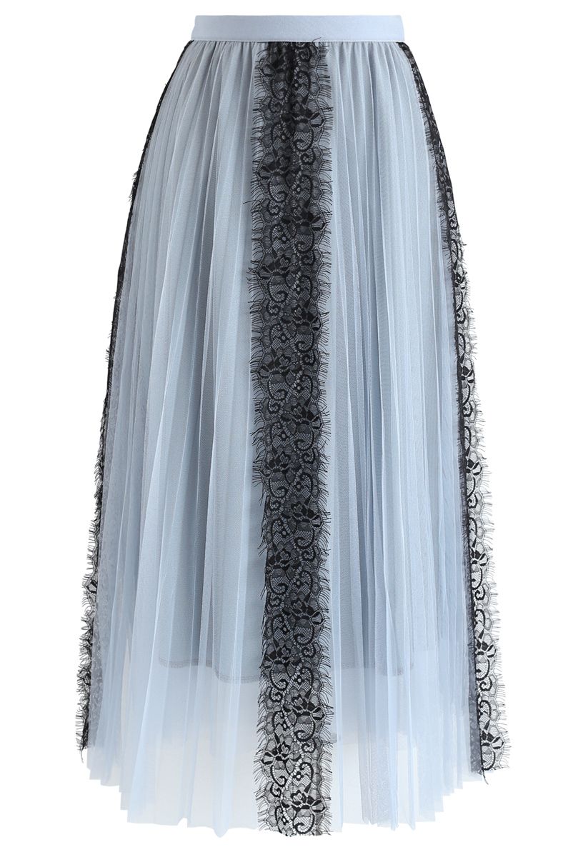 Lace Trim Mesh Tulle Midi Skirt in Dusty Blue - Retro, Indie and Unique ...
