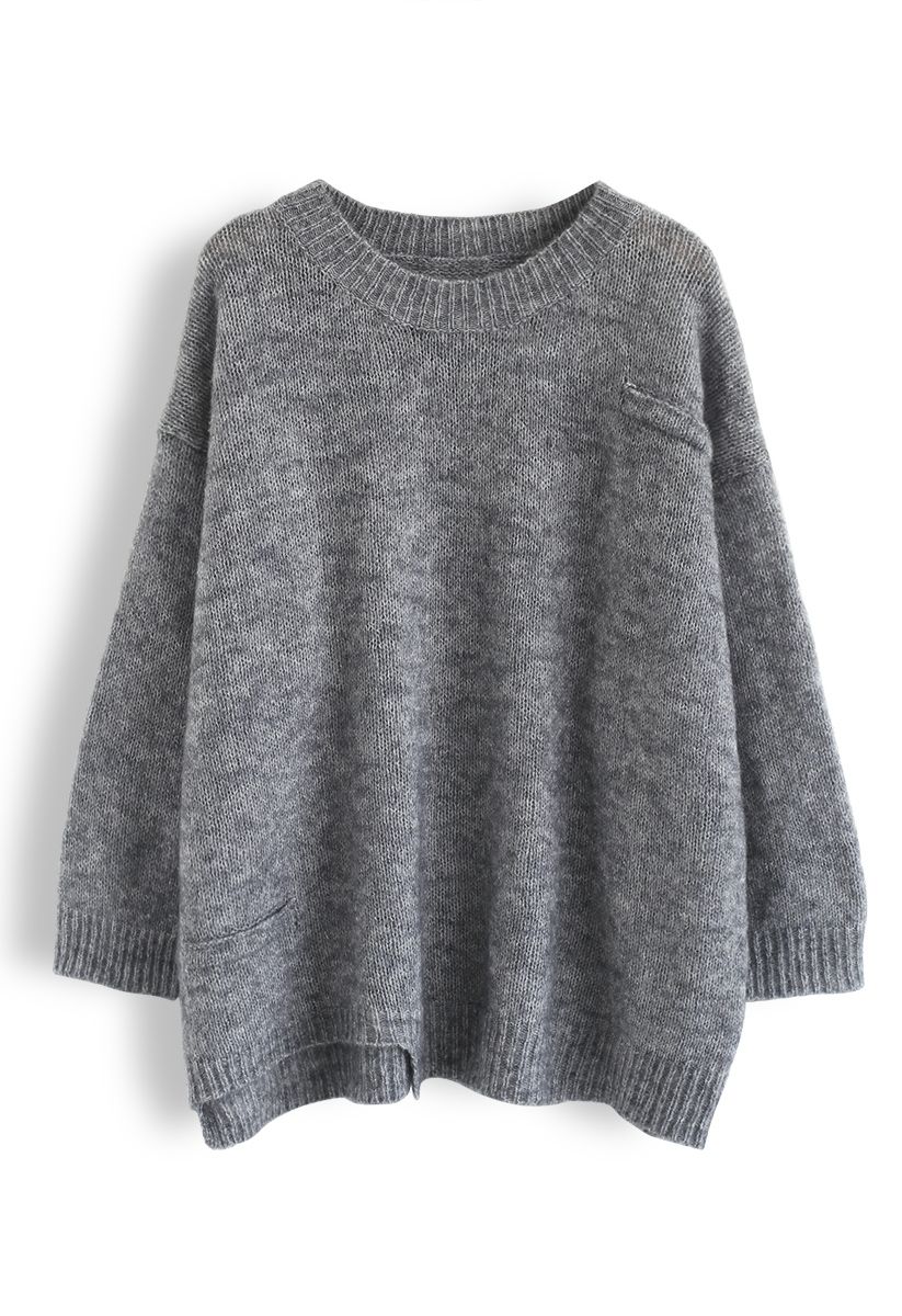 Hi-Lo Hem Oversize Knit Sweater in Grey - Retro, Indie and Unique Fashion