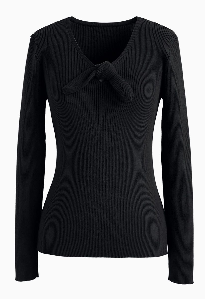 V-Neck Bowknot Long Sleeves Knit Top in Black - Retro, Indie and Unique ...