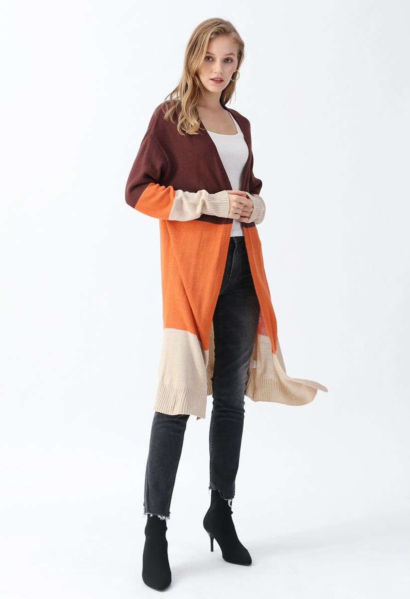 Color Blocked Longline Knit Cardigan in Brown