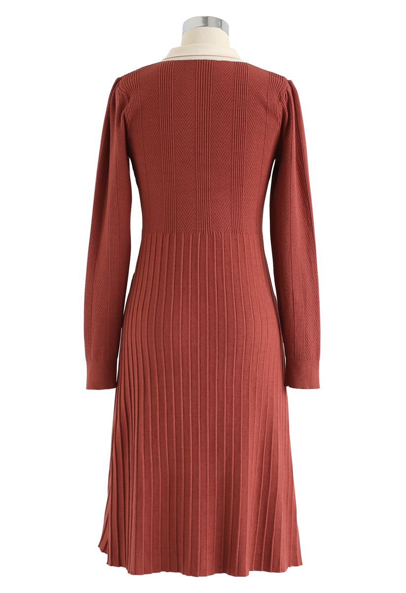 Self-Tied Bowknot Neck Knit Midi Dress in Brick Red - Retro, Indie and ...