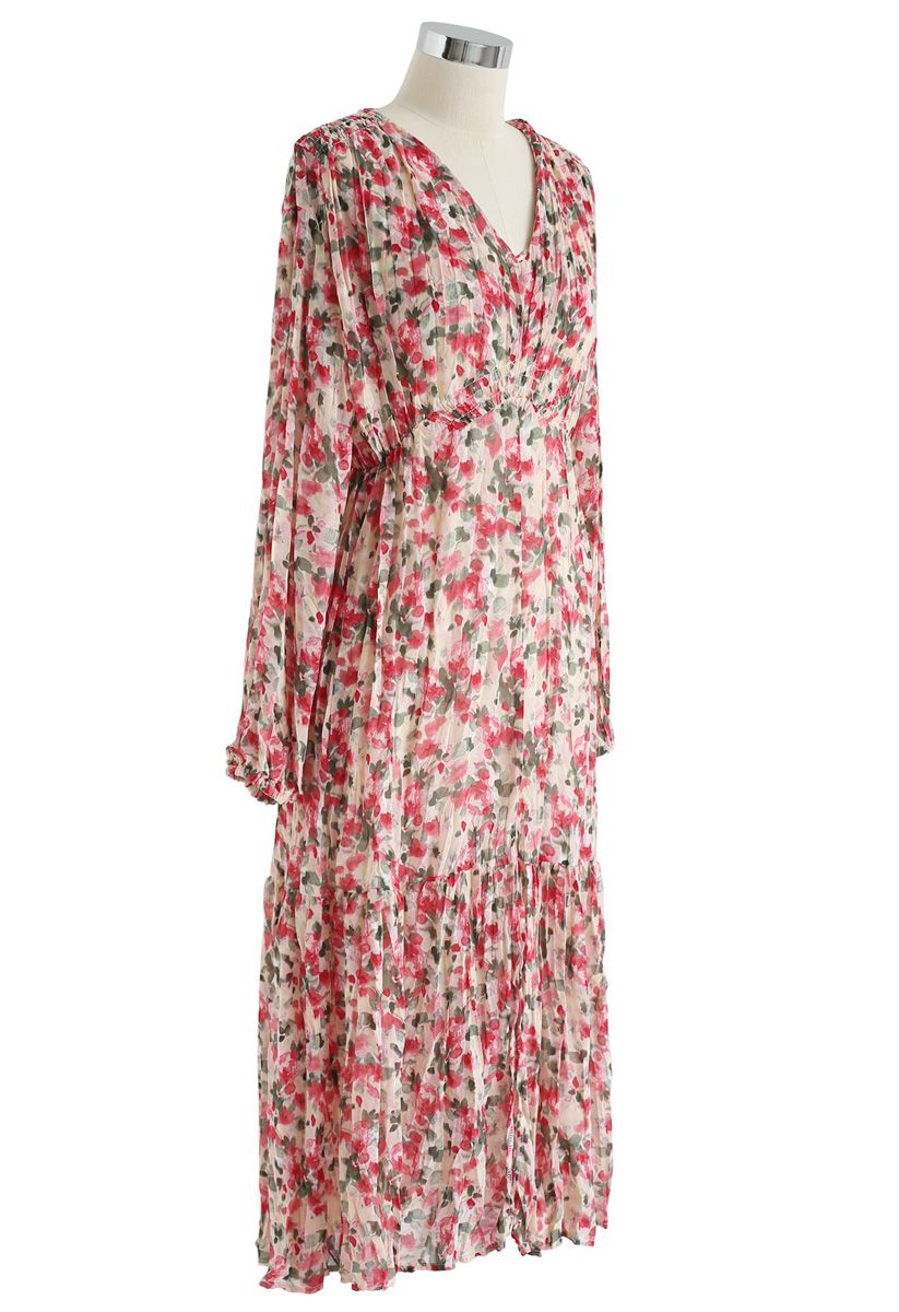 V-Neck Floral Pleated Midi Dress in Pink - Retro, Indie and Unique Fashion