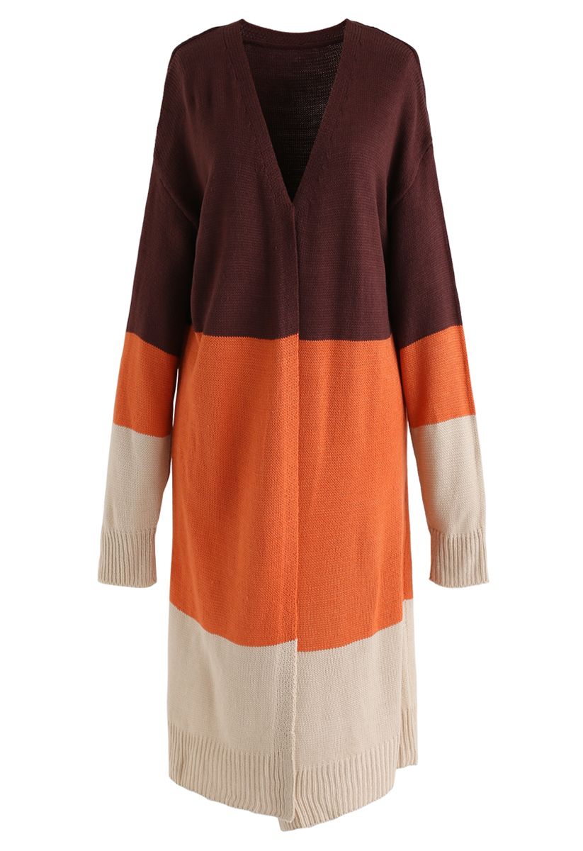 Color Blocked Longline Knit Cardigan in Brown