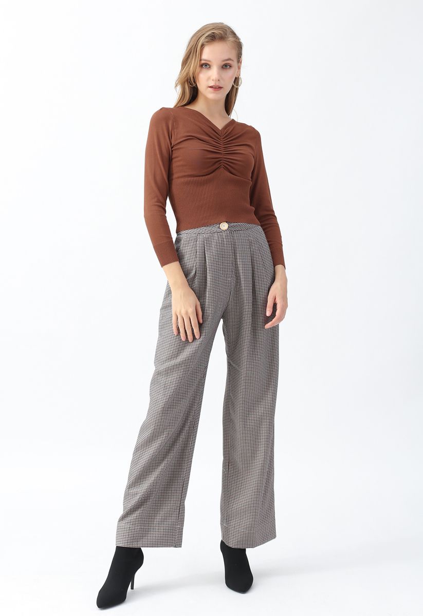 Front Ruched Knit Top in Caramel