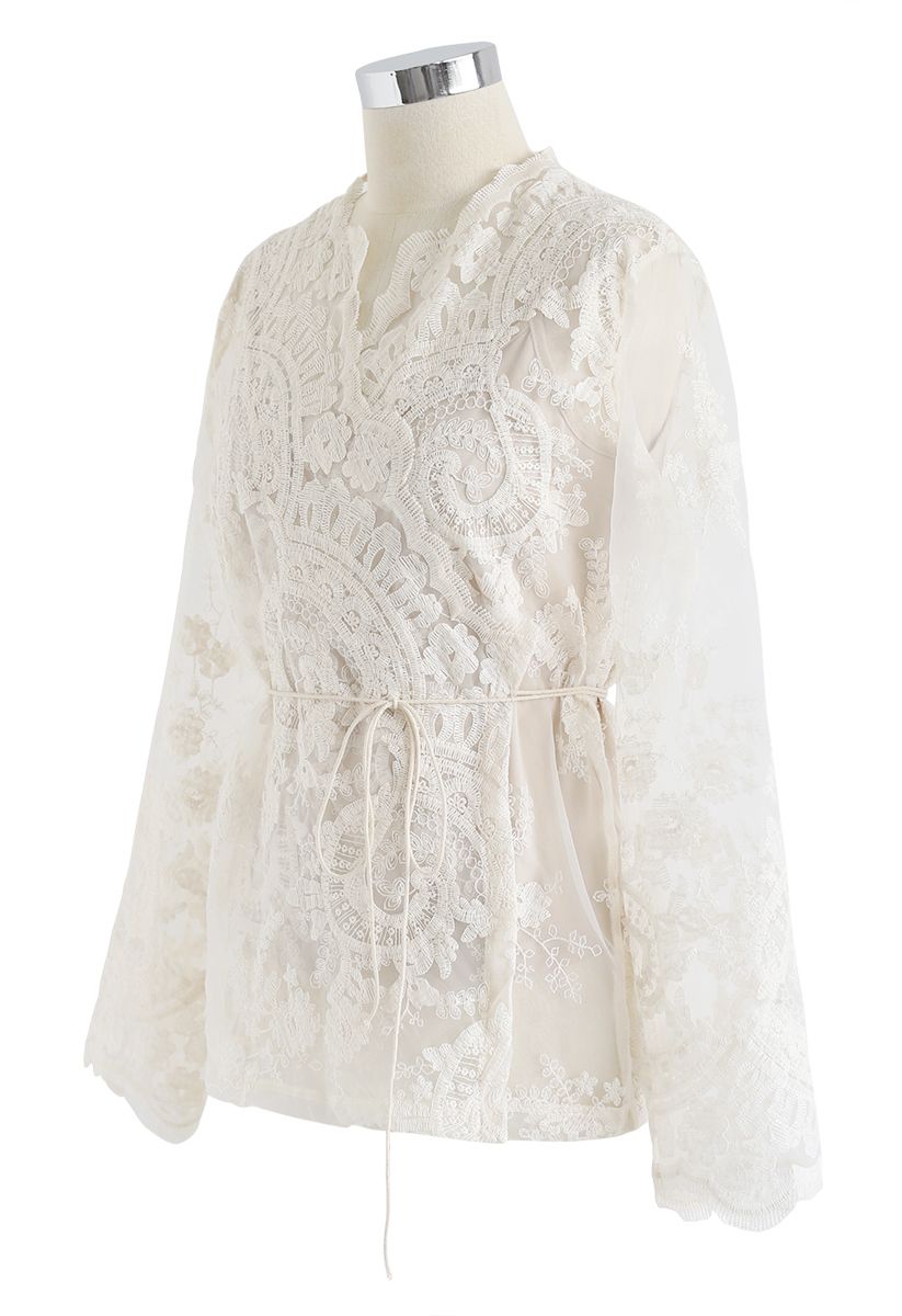 Creamy Full Embroidery Sheer Wrap Top