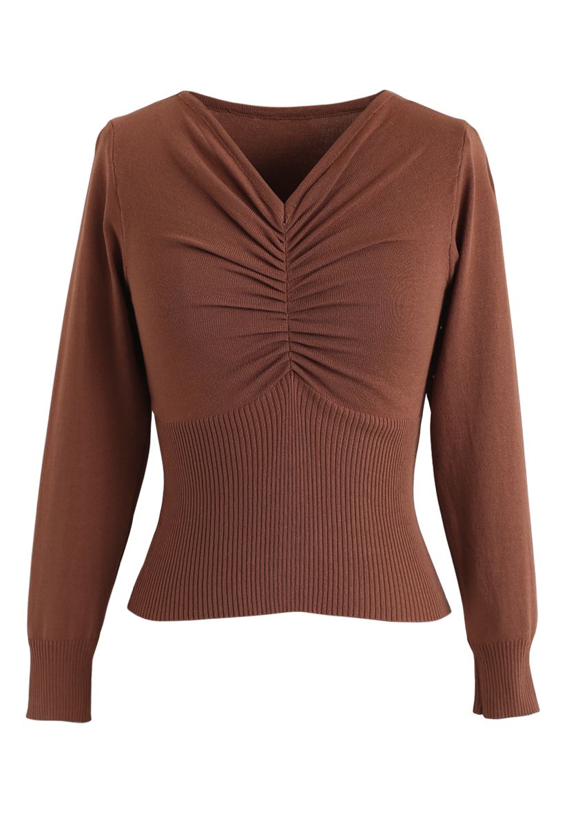 Front Ruched Knit Top in Caramel - Retro, Indie and Unique Fashion