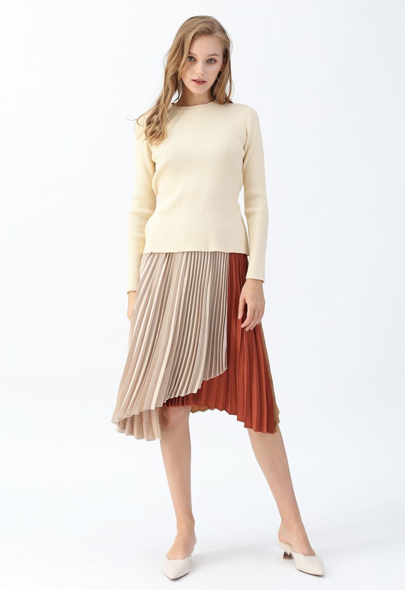 Color Blocked Satin Asymmetric Pleated Skirt