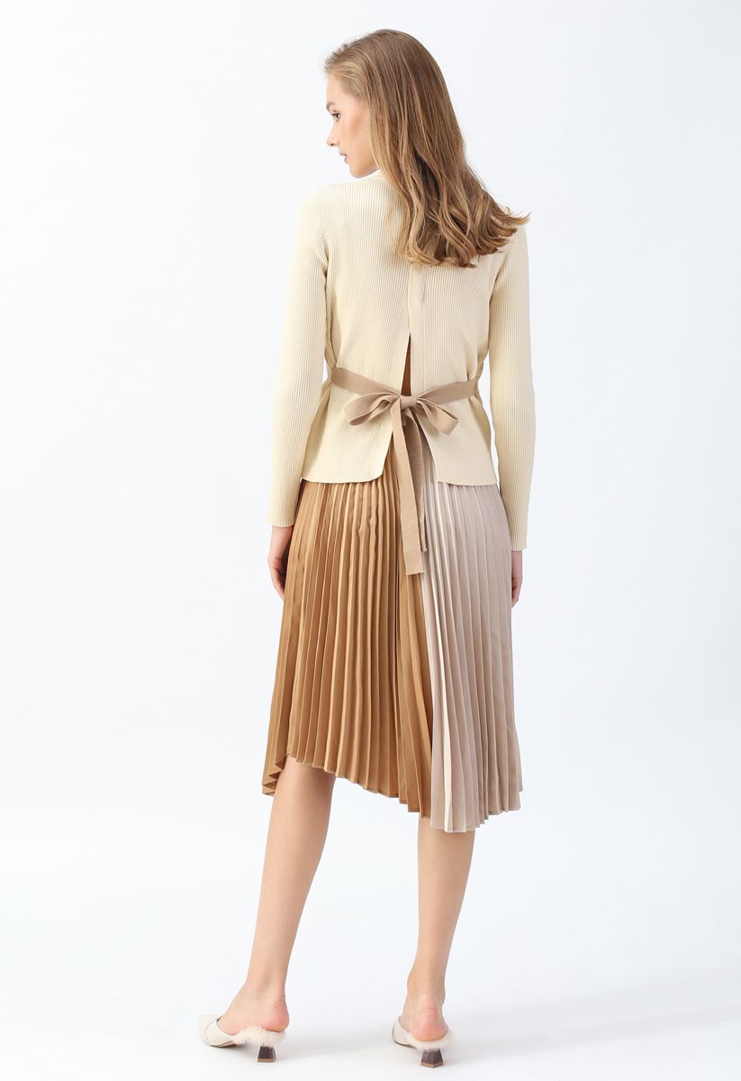 Color Blocked Satin Asymmetric Pleated Skirt