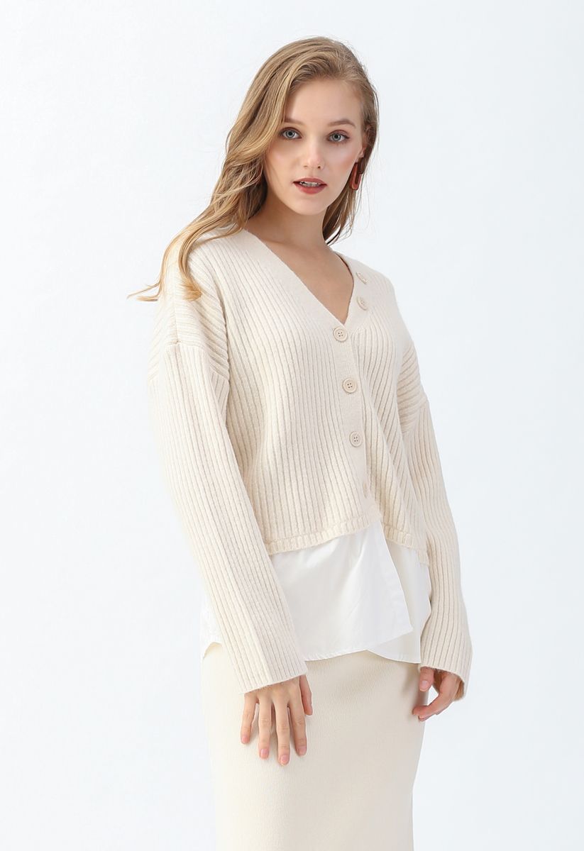 V-Neck Ribbed Spliced Knit Cardigan in Cream - Retro, Indie and Unique ...
