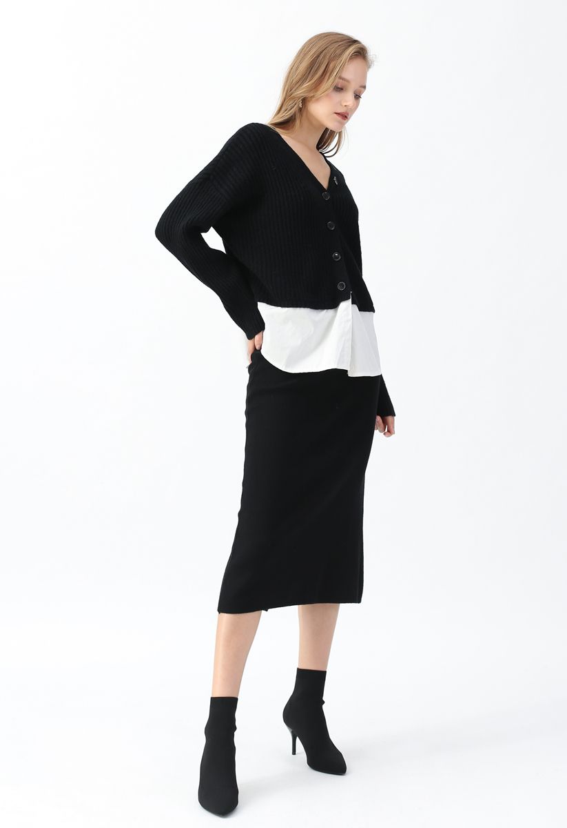 Basic Ribbed Knit Pencil Midi Skirt in Black