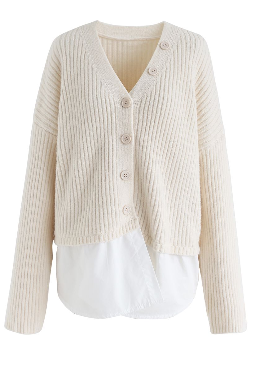 V-Neck Ribbed Spliced Knit Cardigan in Cream - Retro, Indie and Unique ...