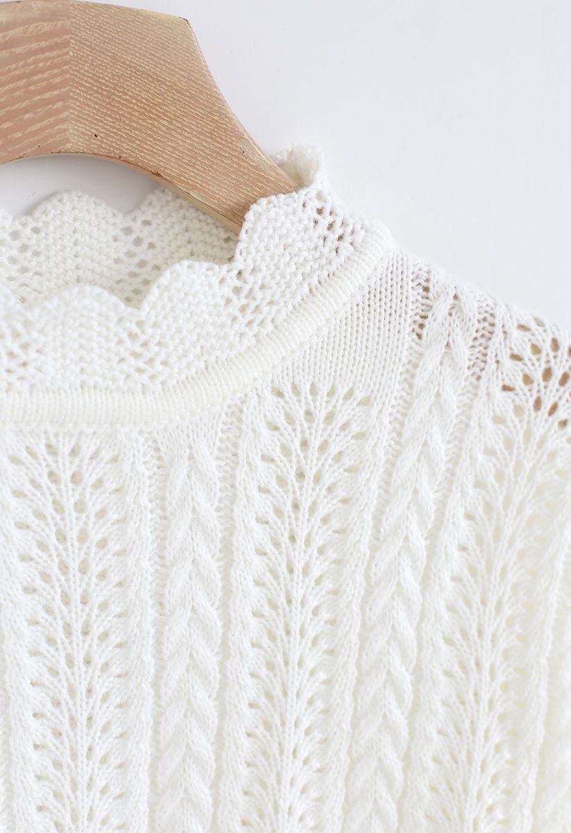 Eyelet Trim Crochet Sleeves Knit Top in White