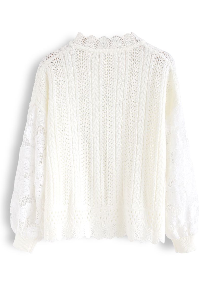 Eyelet Trim Crochet Sleeves Knit Top in White