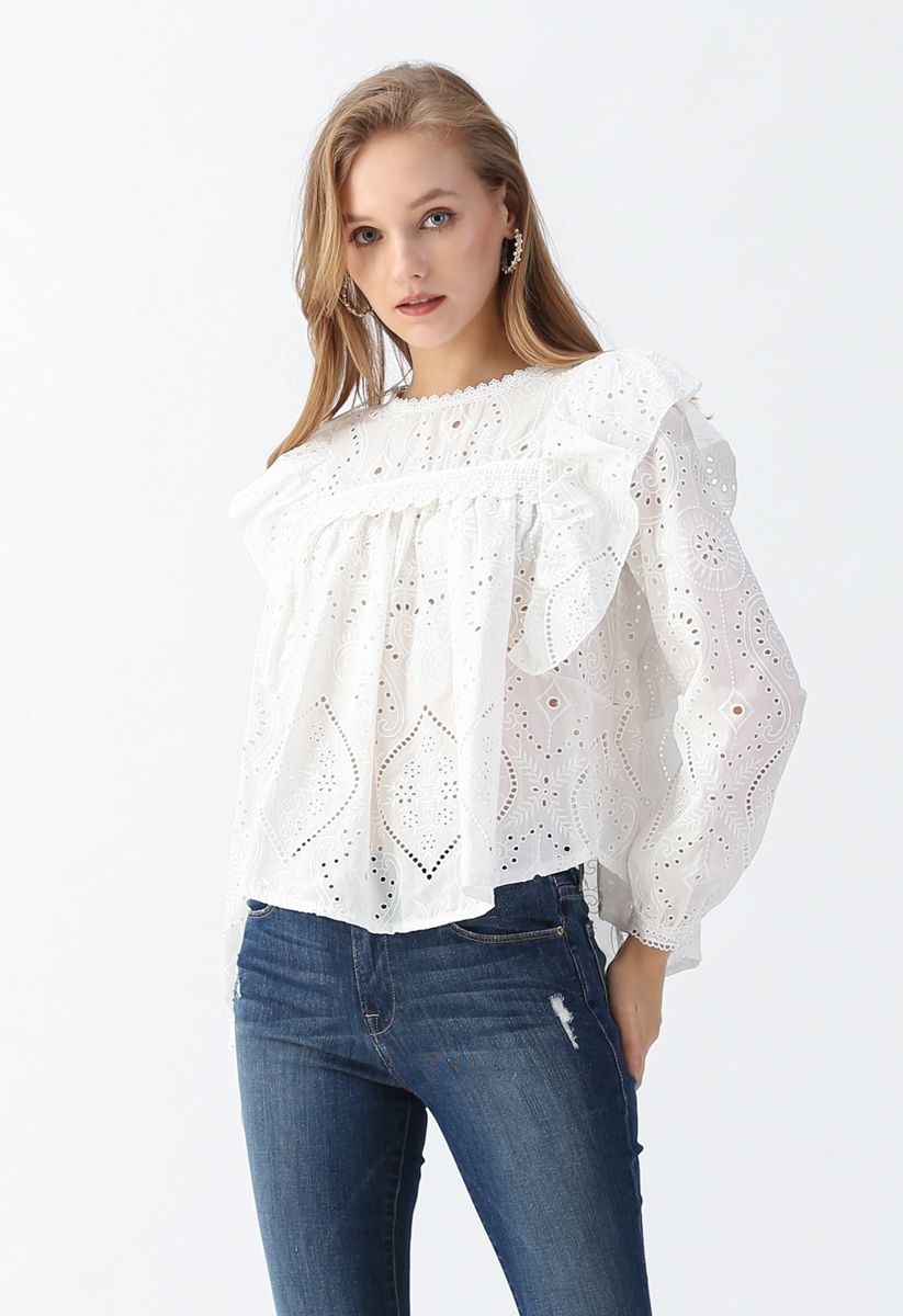 Eyelet Embroidered Ruffle Top in White - Retro, Indie and Unique Fashion