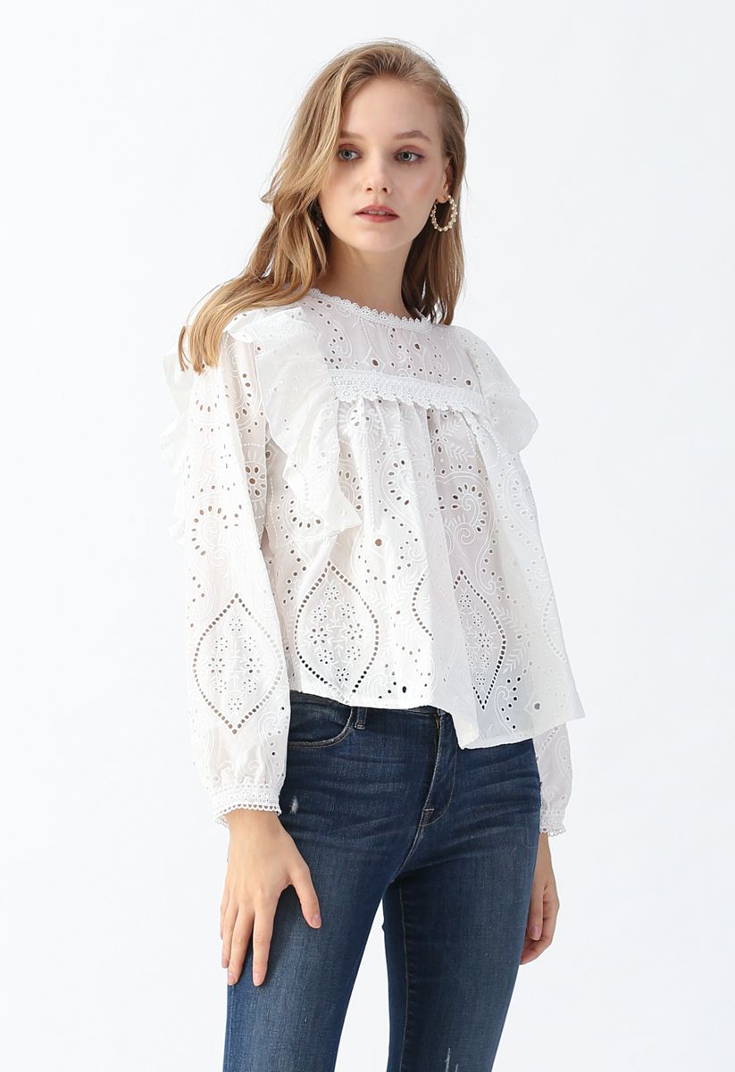 Eyelet Embroidered Ruffle Top in White - Retro, Indie and Unique Fashion