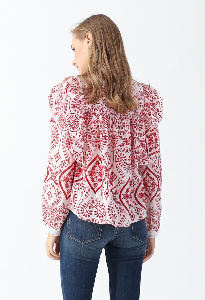 Eyelet Embroidered Ruffle Top in Red