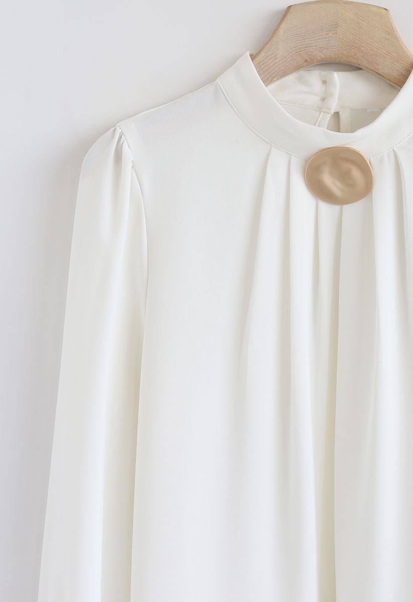 Button Brooch Mock Neck Smock Top in White