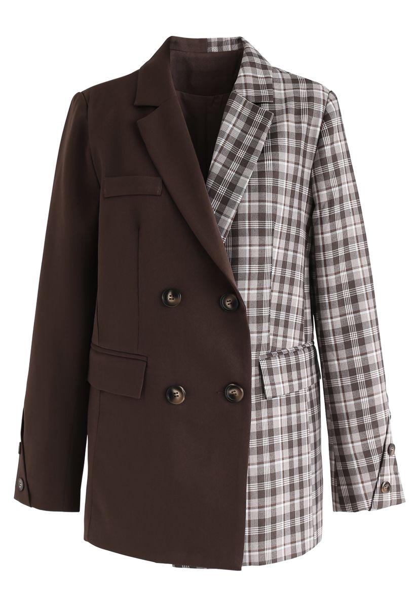 Plaid Spliced Double-Breasted Blazer in Brown