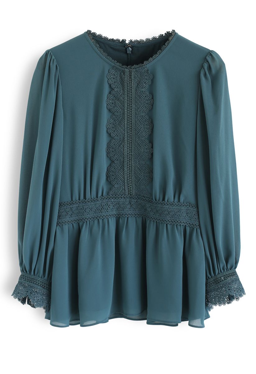 Wavy Lace Trimmed Chiffon Peplum Top in Teal - Retro, Indie and Unique ...